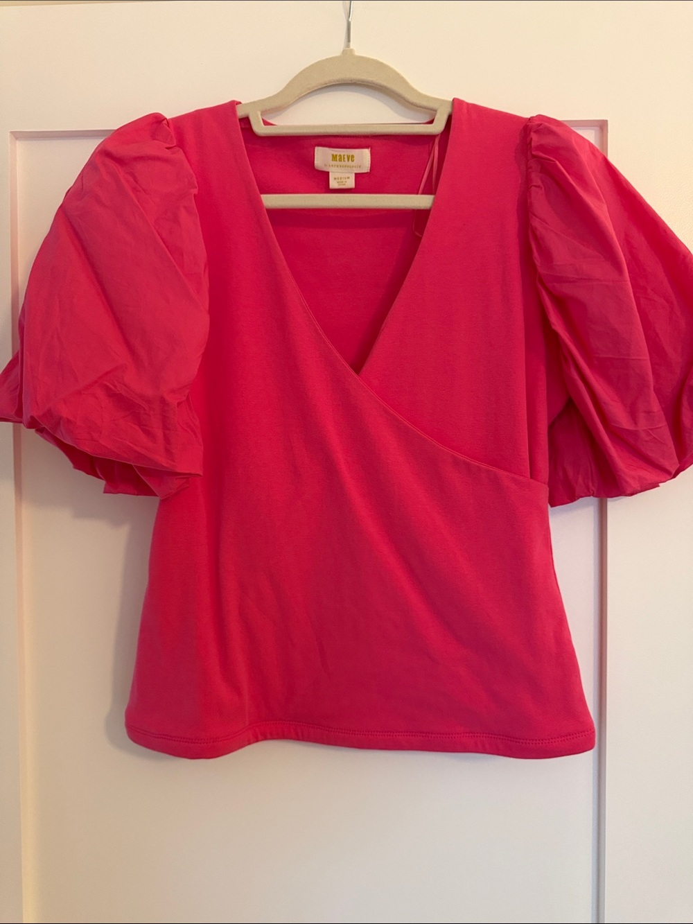Maeve Hot Pink Puff-Sleeve Wrap Top